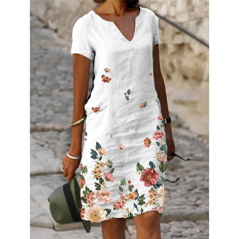 Summer Floral Printed Cotton Linen Short Sleeve Medium Long V-neck Dress Short Sleeves Mid Length Vintage Mini Skirts Women
Summer Floral Printed Cotton Linen Short Sleeve Medium Long V-neck Dress Short Sleeves Mid Length Vintage Mini Skirts Women