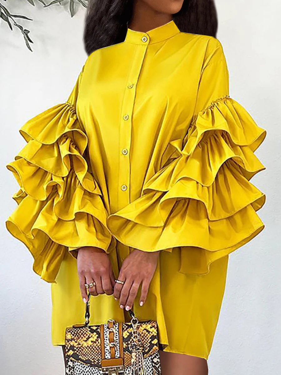 

LW Women Dress Layered Cascading Flounce Design Drop Shoulder Butterfly Sleeve Mandarin Collar Straight Daily Yellow Tee Dress
