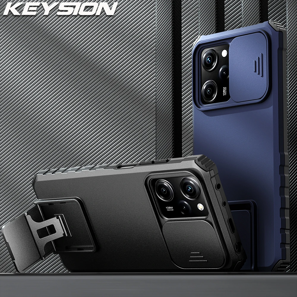 

KEYSION Shockproof Armor Case for Xiaomi POCO X5 Pro 5G Slide Camera Lens Protection Live Stand Phone Back Cover for POCO X5 5G