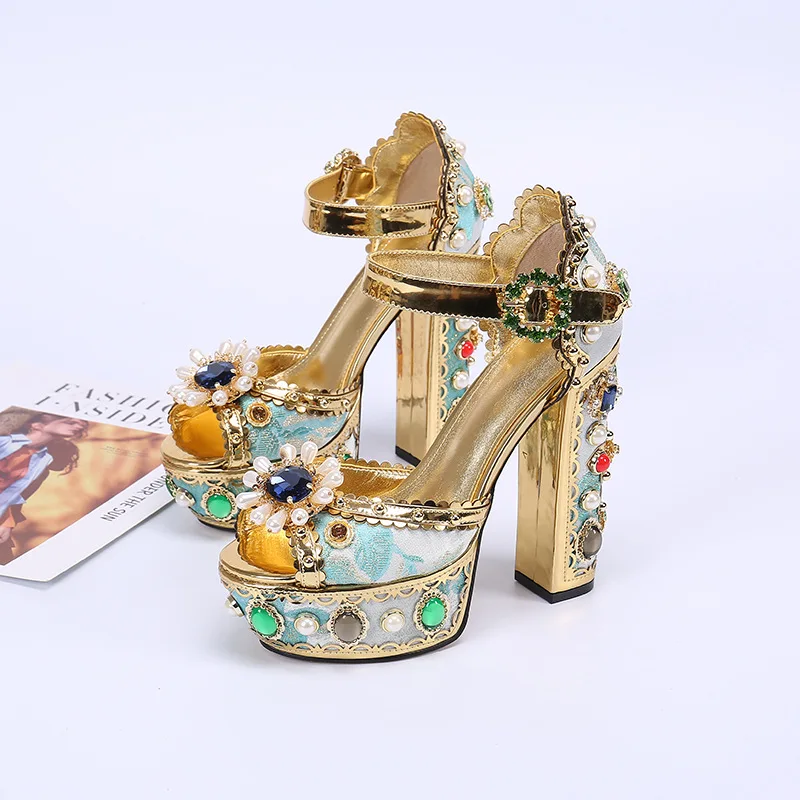 Platform Retro Sandals Women Diamond Pearl Luxury Sandals Gold Wedding Evening Ladies Shoes Fish Mout Chunky Heel 14cm Sheepskin
Platform Retro Sandals Women Diamond Pearl Luxury Sandals Gold Wedding Evening Ladies Shoes Fish Mout Chunky Heel 14cm Sheepskin