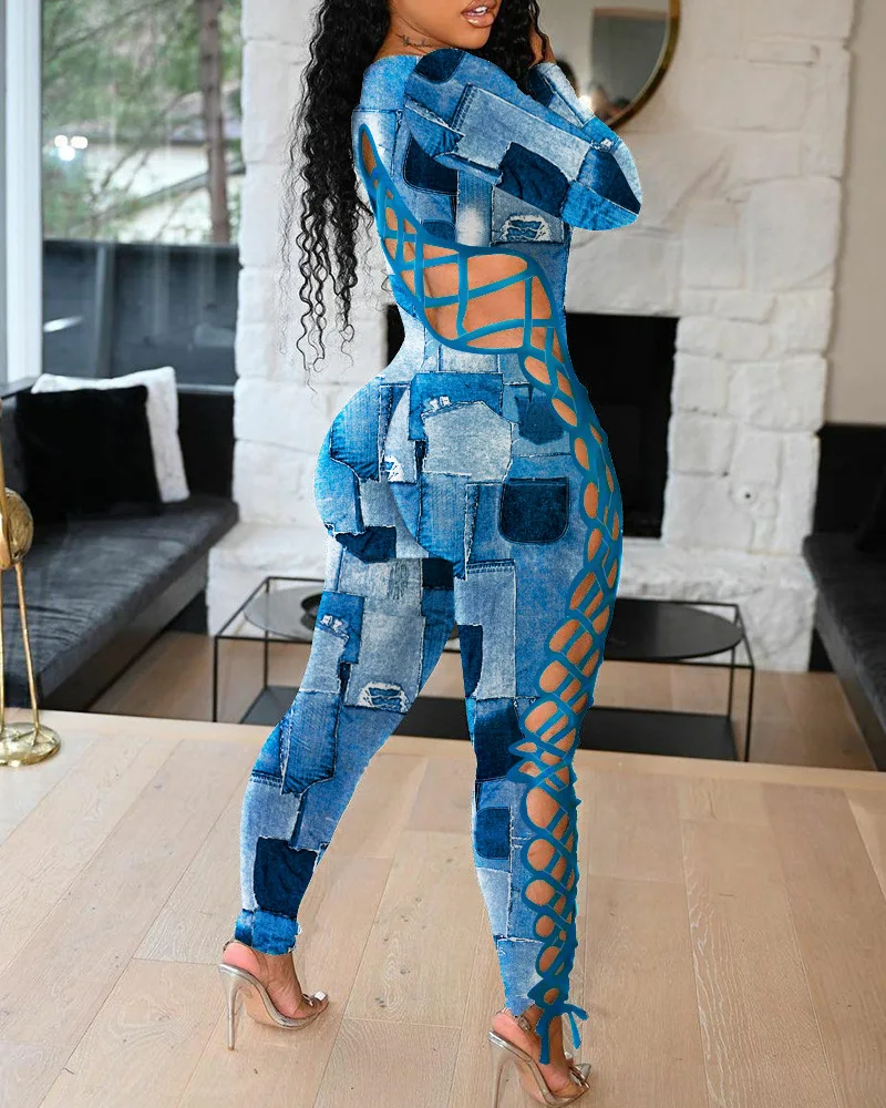 Denim Look Print Lace-up Long Sleeve Jumpsuit Women Hollow Out Sexy Slim Overall Jumpsuits Pants High Waist
Denim Look Print Lace-up Long Sleeve Jumpsuit Women Hollow Out Sexy Slim Overall Jumpsuits Pants High Waist