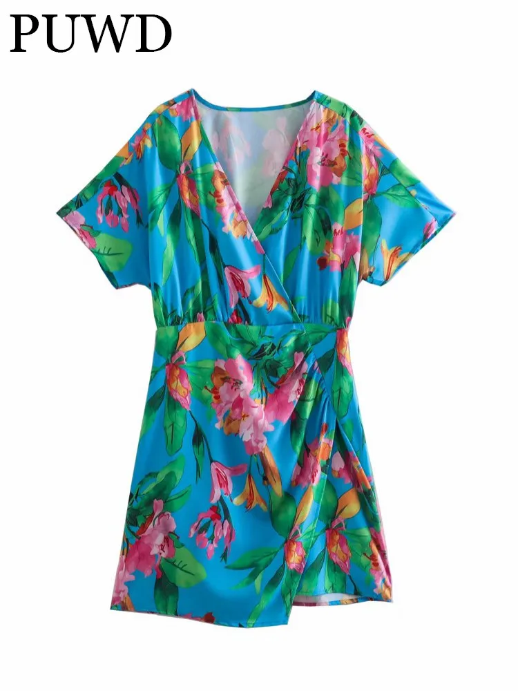 

Женское шелковое платье PUWD с цветочным принтом, элегантное милое красивое уличное стильное удобное и свободное платье для отдыха, лето 2022