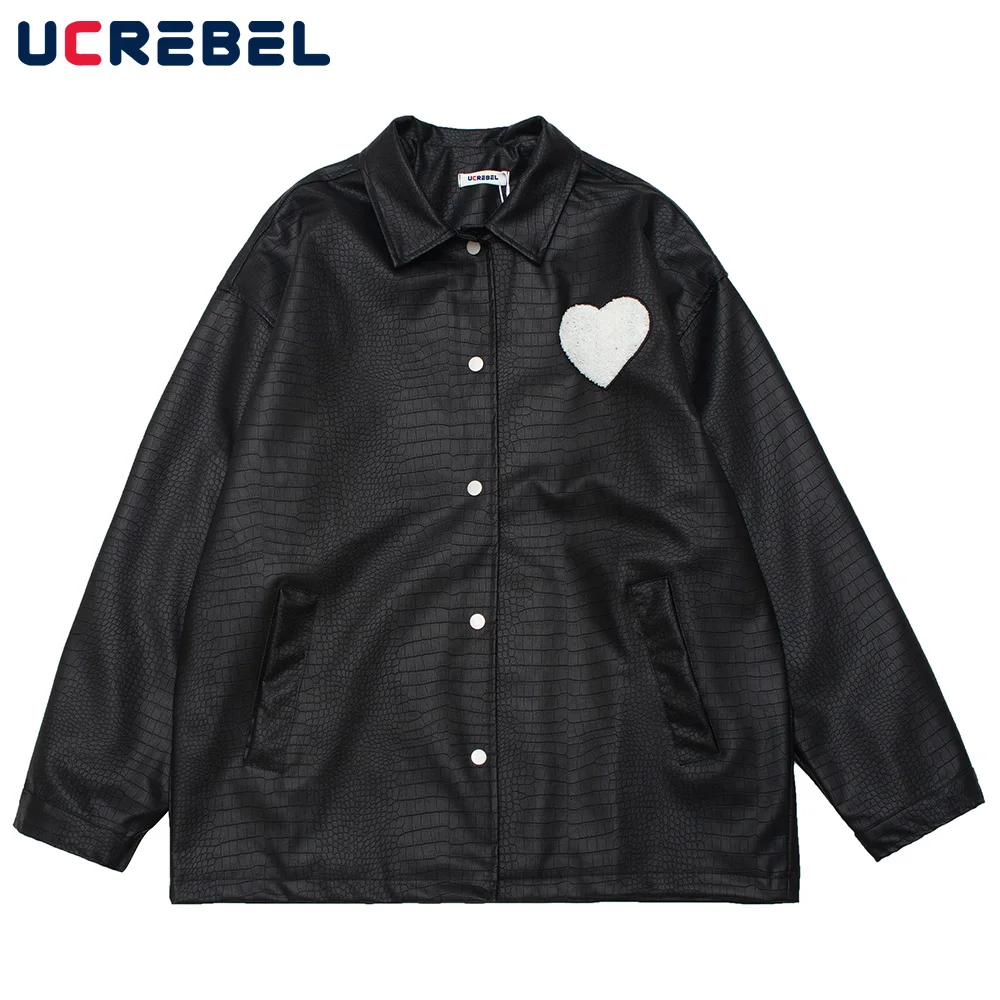 Letter Print Pu Leather Jacket Mens Streetwear Heart Lapel Casual Outerwear Autumn Embroidery Loose Baseball Jacket Men 
Letter Print Pu Leather Jacket Mens Streetwear Heart Lapel Casual Outerwear Autumn Embroidery Loose Baseball Jacket Men