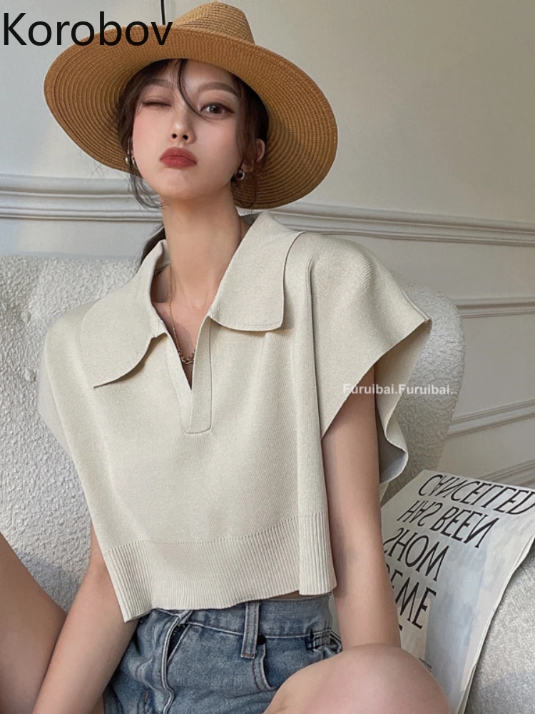 Korobov Summer Camisetas Solid Lapel Knitting Tops Female Summer Loose Thin T-shirt Women Fashionable Crop Top Ropa De Mujer
Korobov Summer Camisetas Solid Lapel Knitting Tops Female Summer Loose Thin T-shirt Women Fashionable Crop Top Ropa De Mujer