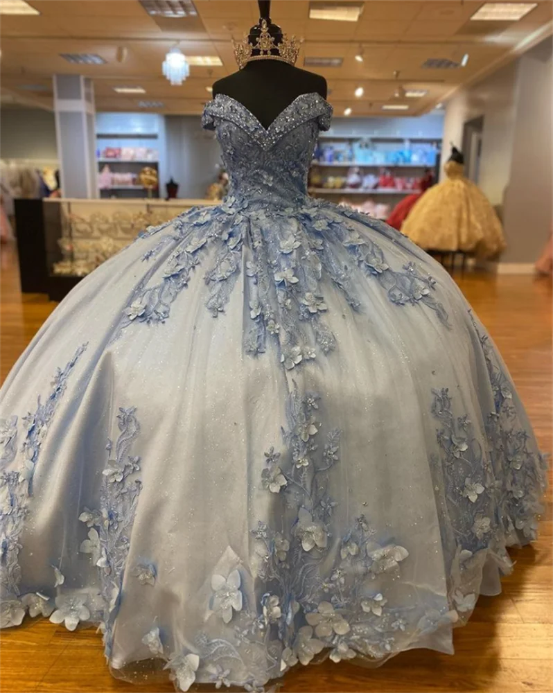 Sky Blue Crystal 3D Flower Quinceanera Dresses V -Neck Tulle Off The Shoulder Applique Ball Gown Vestido De 15
Sky Blue Crystal 3D Flower Quinceanera Dresses V -Neck Tulle Off The Shoulder Applique Ball Gown Vestido De 15