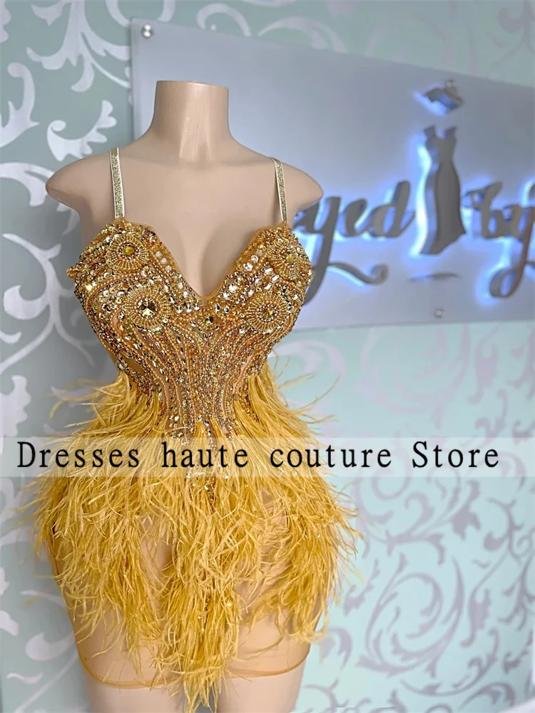 Sexy Gold Spaghetti Strap Short Mermaid Prom DressES 2023 Beads Crystal Feather Mini Cocktail Dresses Formal Party Gowns
Sexy Gold Spaghetti Strap Short Mermaid Prom DressES 2023 Beads Crystal Feather Mini Cocktail Dresses Formal Party Gowns