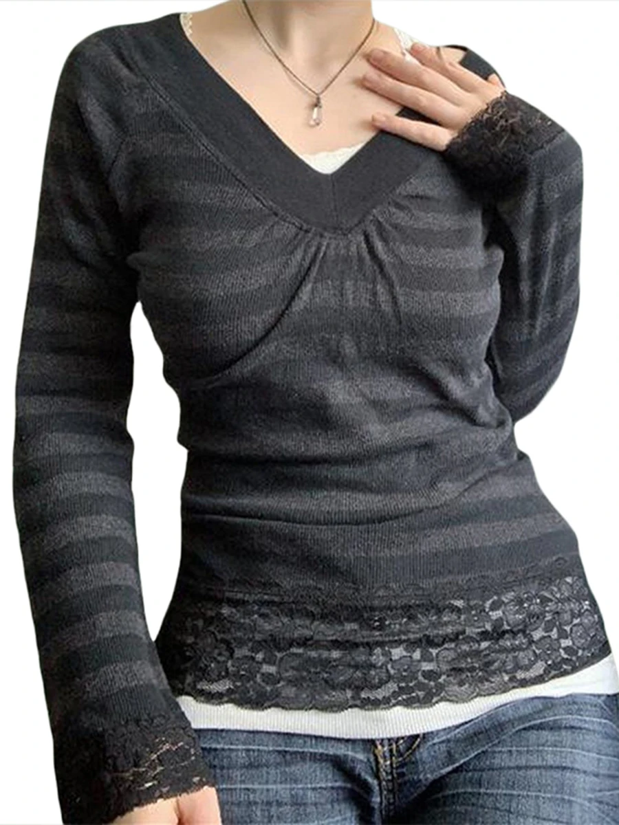 Women's Spring Autumn Knitted Sweater Long Sleeve V Neck Lace Patchwork Striped Knitwear Retro y2k Crop Top T-shirt
Women's Spring Autumn Knitted Sweater Long Sleeve V Neck Lace Patchwork Striped Knitwear Retro y2k Crop Top T-shirt