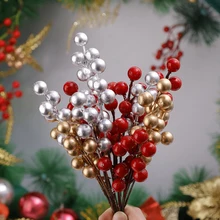 20/1Pcs Artificial Holly Berry Branches 7 Heads Fake Red Gold Holly Berries Flower Bouquet DIY Xmas Tree New Year Party Decors