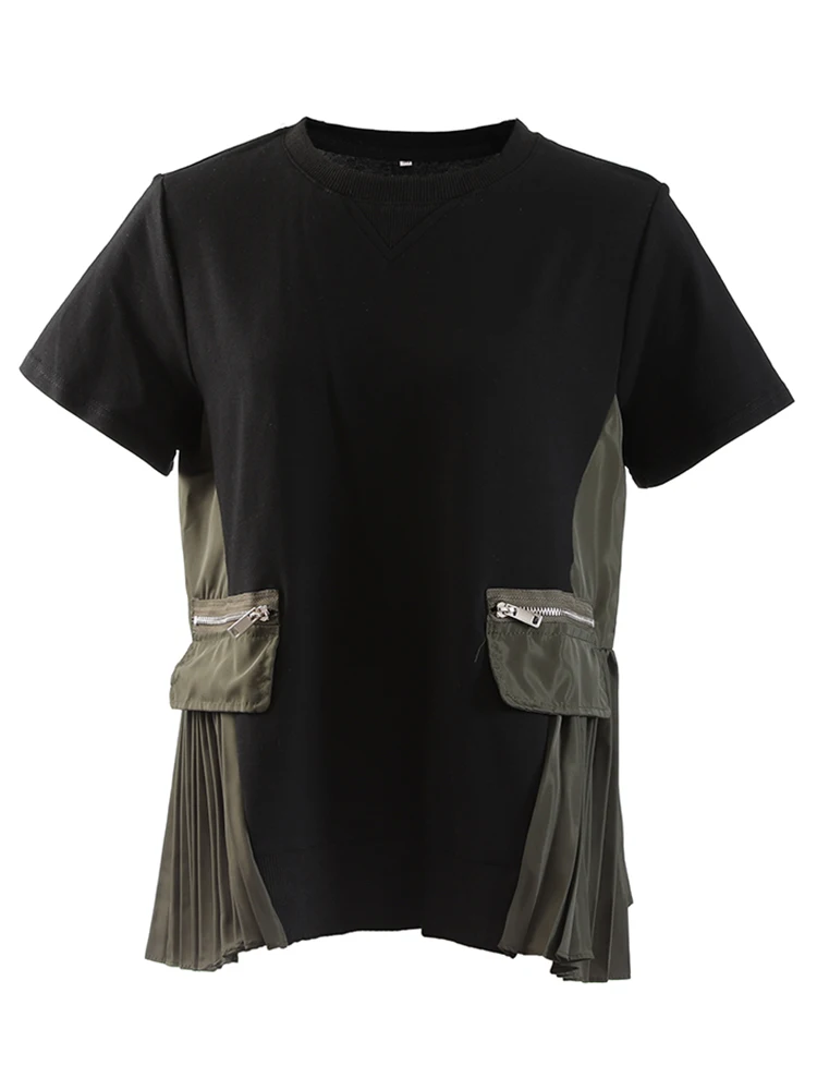 Women Black Side Pleated Pocket Casual T-shirt New Round Neck Short Sleeve Fashion Tide Spring Summer 2022 N662
Women Black Side Pleated Pocket Casual T-shirt New Round Neck Short Sleeve Fashion Tide Spring Summer 2022 N662