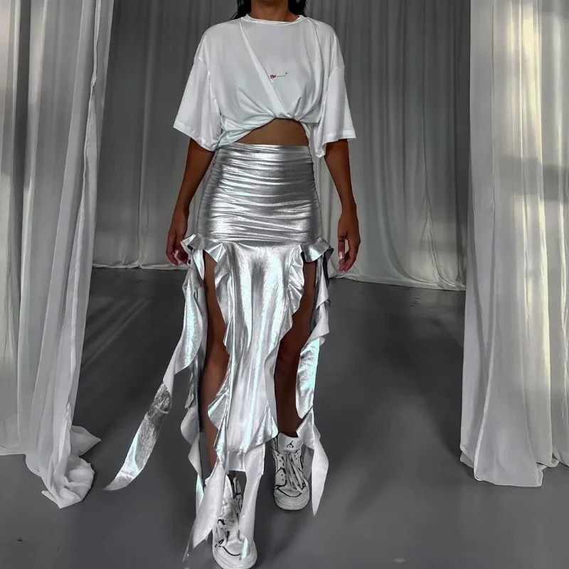 Metallic Gilding Pu Leather Tassel Ribbon Irregular Skirt Women Autumn Solid High Waist Pleated Fashion Bottom Trends Streetwear
Metallic Gilding Pu Leather Tassel Ribbon Irregular Skirt Women Autumn Solid High Waist Pleated Fashion Bottom Trends Streetwear