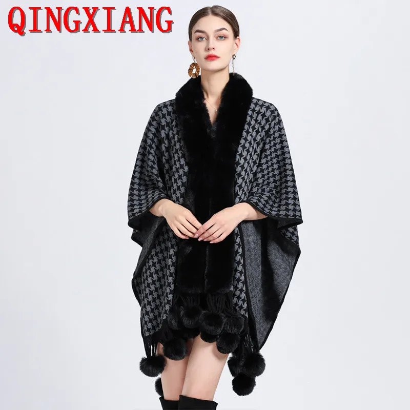 3 Color Women Winter Houndstooth Shawl Fake Rabbit Fur Collar Loose Poncho Fur Ball Tassel Capes 4 Horn Stars Long Cloak Coat
3 Color Women Winter Houndstooth Shawl Fake Rabbit Fur Collar Loose Poncho Fur Ball Tassel Capes 4 Horn Stars Long Cloak Coat