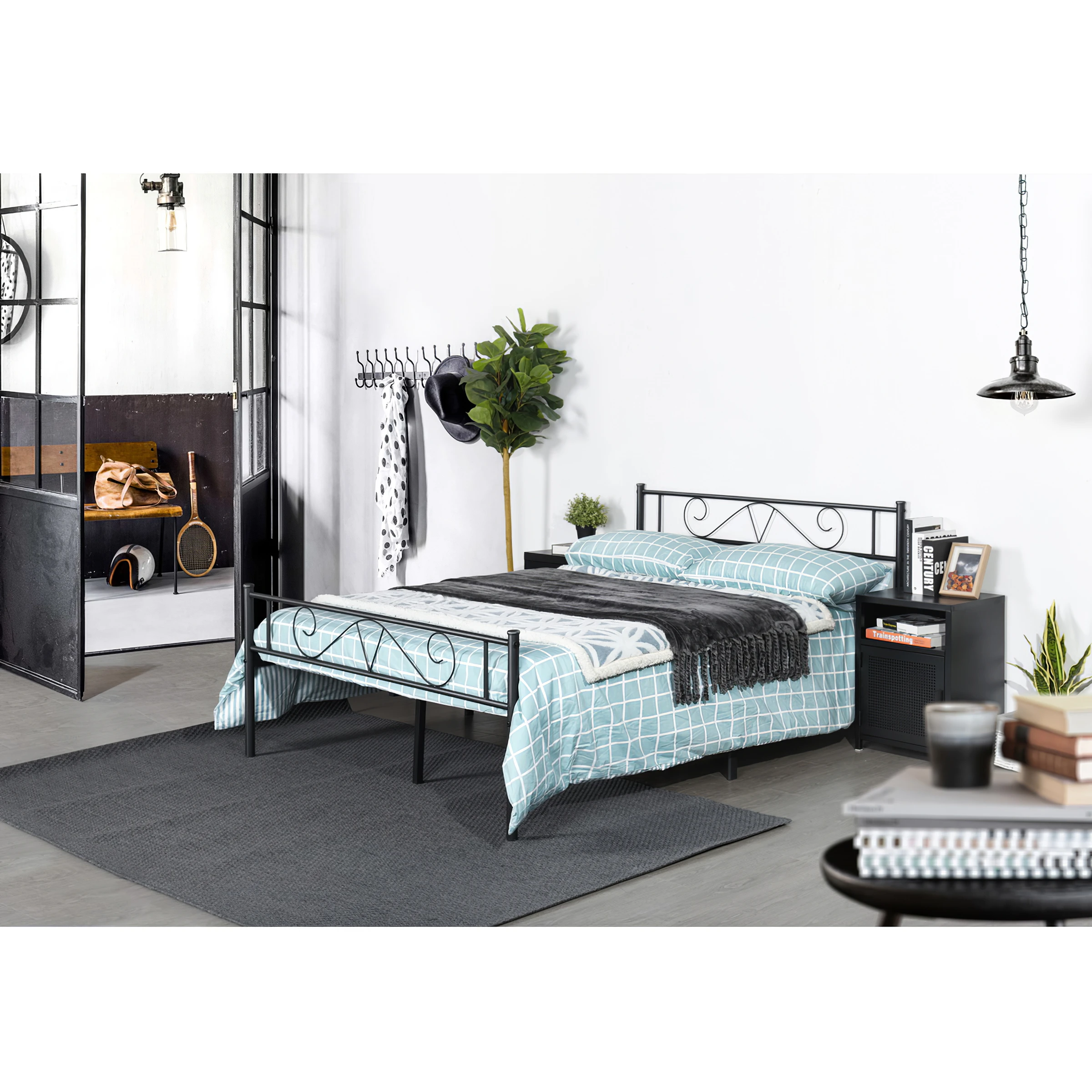 

Full Size Platform Bed Frame with Headboard Nordic Style Metal Bed Easy Assembly 77.2x56.1x34.8 Inches Black[US-Stock]