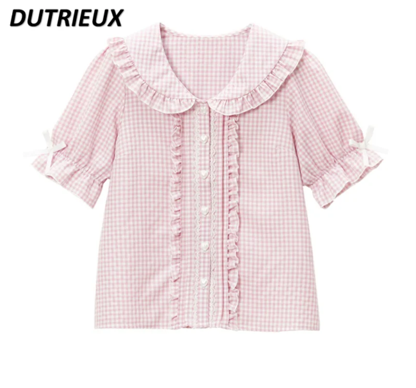 Customized Japanese Style Sweet and Cute Plaid Sailor Collar Puff Short Sleeve Tops Wooden Ear All-Matching Shirt Female Summer
Customized Japanese Style Sweet and Cute Plaid Sailor Collar Puff Short Sleeve Tops Wooden Ear All-Matching Shirt Female Summer