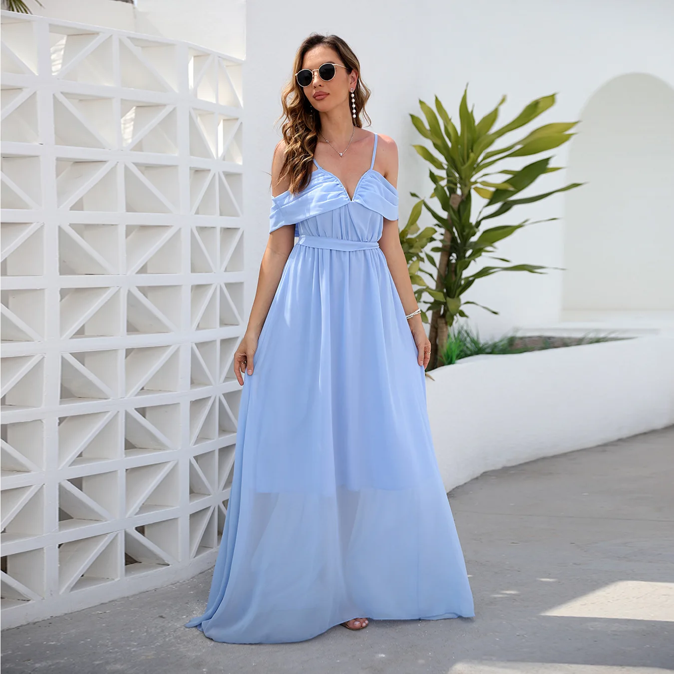 

Evening Dress Chiffon Light Blue Prom Gown Simple Flounce Spaghetti Straps Sexy Side Slit Lace-Up Backless Vestidos De Fiesta