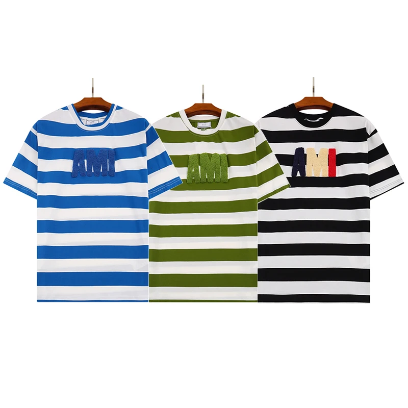 Tide brand AMI summer dress new towel velvet embroidery letter logo hit color stripe trend casual loose fashion short-sleeved T-
Tide brand AMI summer dress new towel velvet embroidery letter logo hit color stripe trend casual loose fashion short-sleeved T-