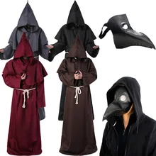 Halloween Medieval Hooded Robe Plague Doctor Costume Mask Hat for Men Monk Cosplay Steampunk Priest Horror Wizard Cloak Cape