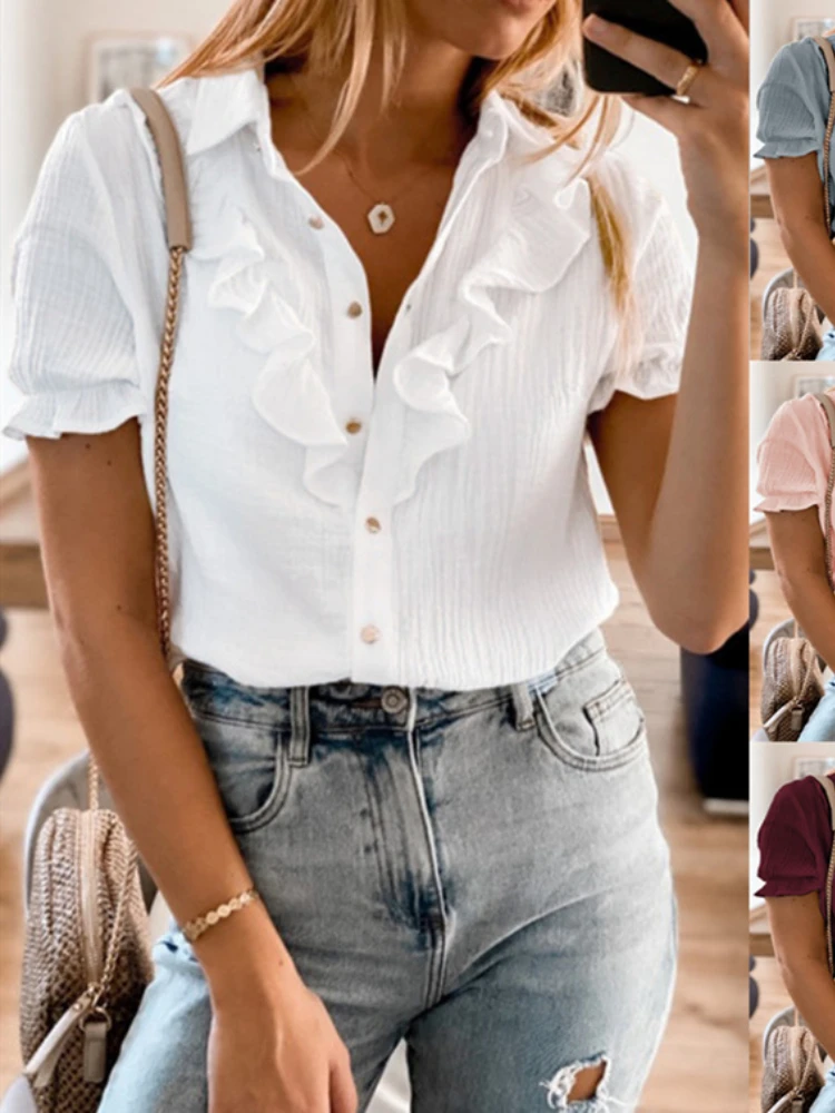 2022 women's ruffled stitching cardigan top V-neck short-sleeved solid color casual shirt women
2022 women's ruffled stitching cardigan top V-neck short-sleeved solid color casual shirt women