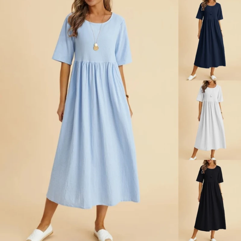 Spring Women's Solid Color Dress European American Women's Cotton Linen Dress Loose Round Neck 5 Sleeve Medium Length Dress
Spring Women's Solid Color Dress European American Women's Cotton Linen Dress Loose Round Neck 5 Sleeve Medium Length Dress
