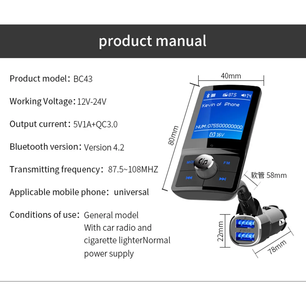 1*Car FM Transmitter Car Charger Mp3 Bluetooth Player LCD Color Display Automatic Power Off Memory Car Player
1*Car FM Transmitter Car Charger Mp3 Bluetooth Player LCD Color Display Automatic Power Off Memory Car Player