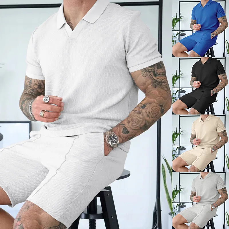 Mens Suit Summer Two-piece Waffle Lapel Solid Color Thin Casual Polo Short Sleeve Shorts Suit for Men
Mens Suit Summer Two-piece Waffle Lapel Solid Color Thin Casual Polo Short Sleeve Shorts Suit for Men