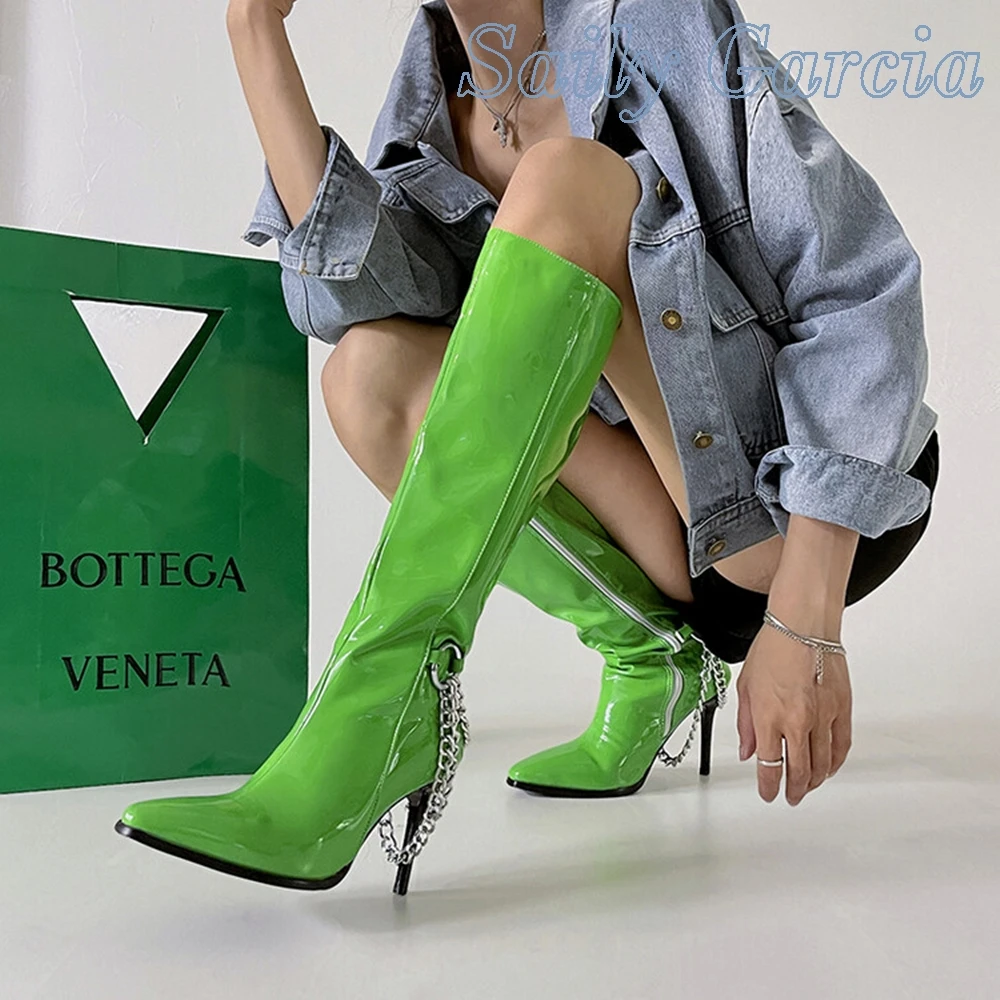 Metal Patent Leather Chain Decoration Round Pointed Toe Stiletto Boots Fashion Runway Knee High Slip On Winter Shoes
Metal Patent Leather Chain Decoration Round Pointed Toe Stiletto Boots Fashion Runway Knee High Slip On Winter Shoes
