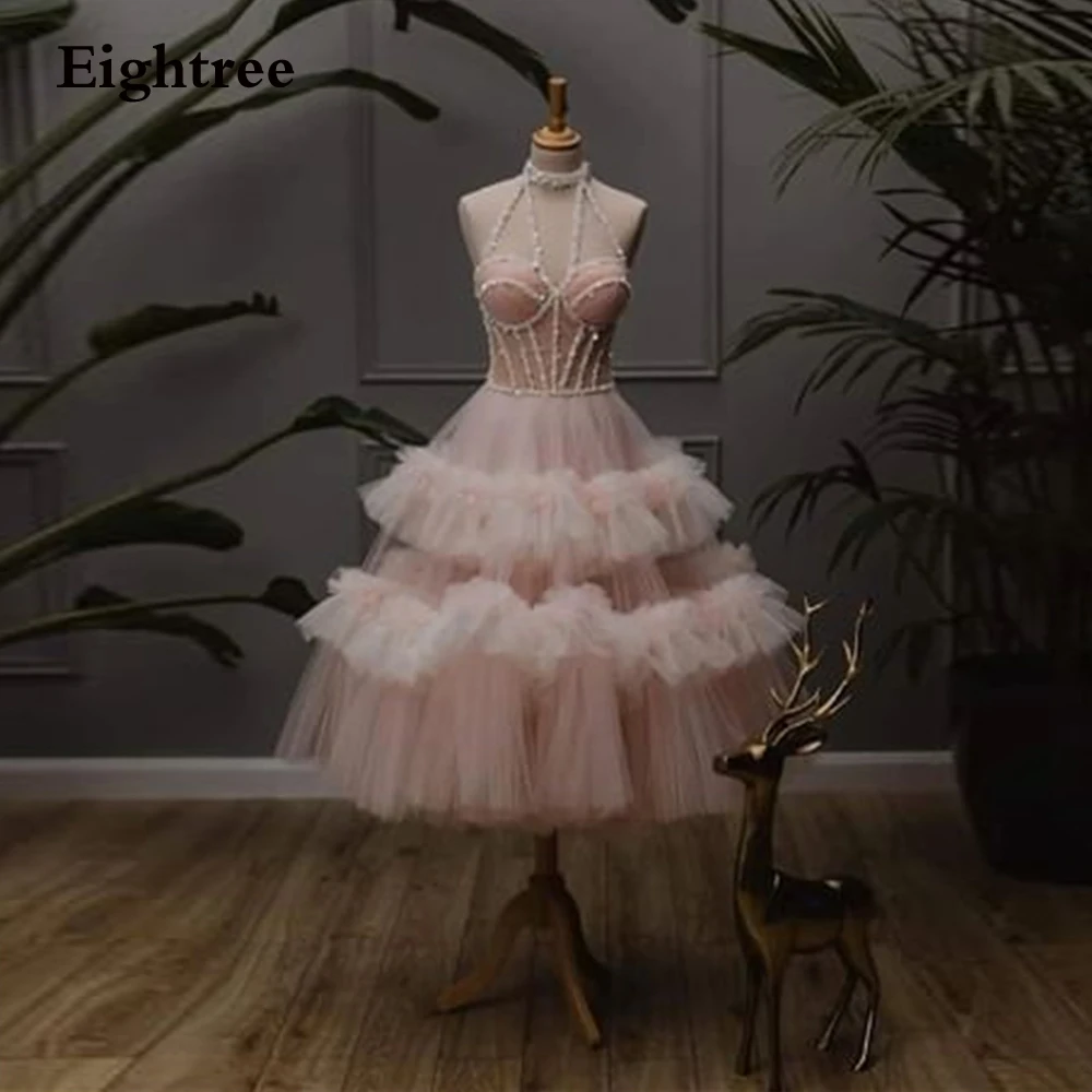 

Eightree Baby Pink Elegant Prom Dresses Beadings Sequined Tea Length Tiered Ruffles Halter Short Party Grown Robe De Soirée