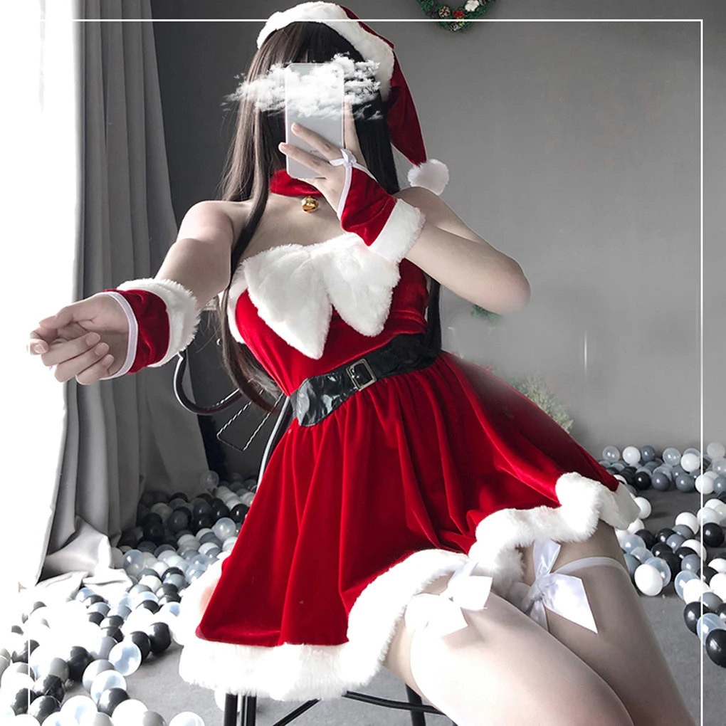 

Lolita Girls Maid Christmas Sleeveless Strapless Dress Bowknot Mini Dress Xmas Party Lady Miss Santa Claus Cosplay Uniform