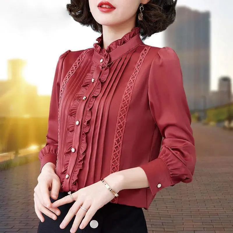 Commute Ruffles Spliced Pleated Blouse 2023 Spring Autumn Fashion Lace Women's Clothing Stand Collar Single-breasted Loose Shirt 
Commute Ruffles Spliced Pleated Blouse 2023 Spring Autumn Fashion Lace Women's Clothing Stand Collar Single-breasted Loose Shirt
