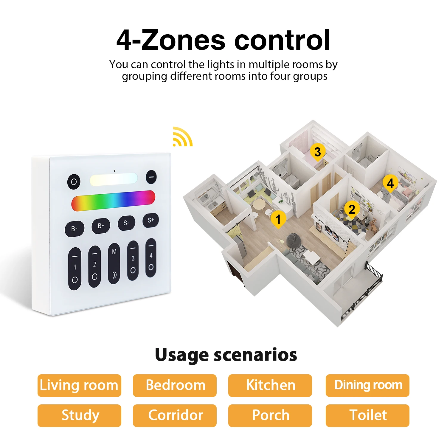 

GLEDOPTO Smart Home Wall Mount Touch Panel 4-Zone Group Control 2.4G RF RGBCCT Wall Switch Compatible with Pro Series Product