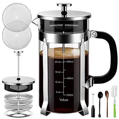 French Press Coffee Maker 304 Stainless Steel 4 Filter Screens Durable Easy Clean Heat Resistant Borosilicate Glass 34 oz Silver
French Press Coffee Maker 304 Stainless Steel 4 Filter Screens Durable Easy Clean Heat Resistant Borosilicate Glass 34 oz Silver
