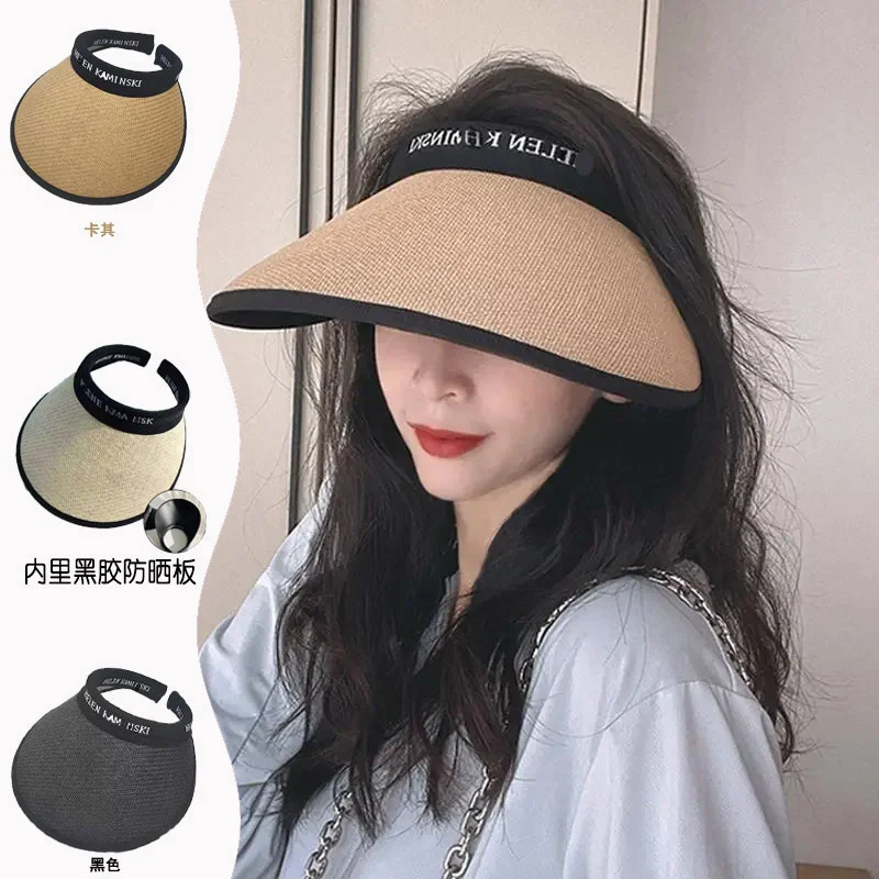 

Hats Women's Summer UV Versatile Grass Braided Empty Top Sun Hat Letter Hair Band Black Glue Big brim Sunscreen Sun hat