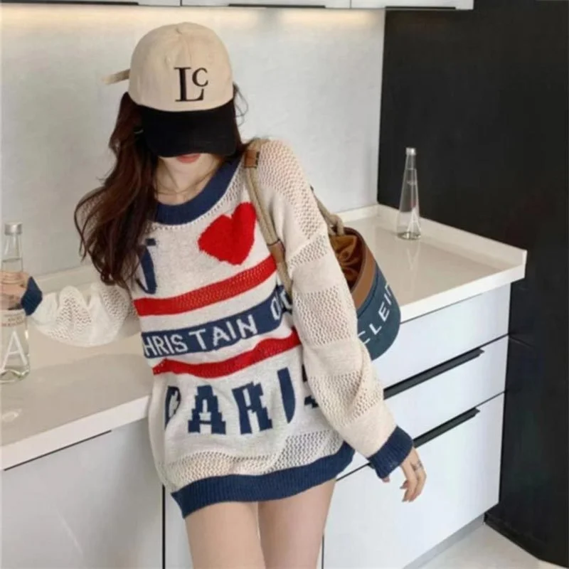 Spring Autumn Letter Love Printed Thin Knitted Sweater Women Sweet Hollow Out O-Neck Long Sleeve Pullovers White Loose Jumpers
Spring Autumn Letter Love Printed Thin Knitted Sweater Women Sweet Hollow Out O-Neck Long Sleeve Pullovers White Loose Jumpers