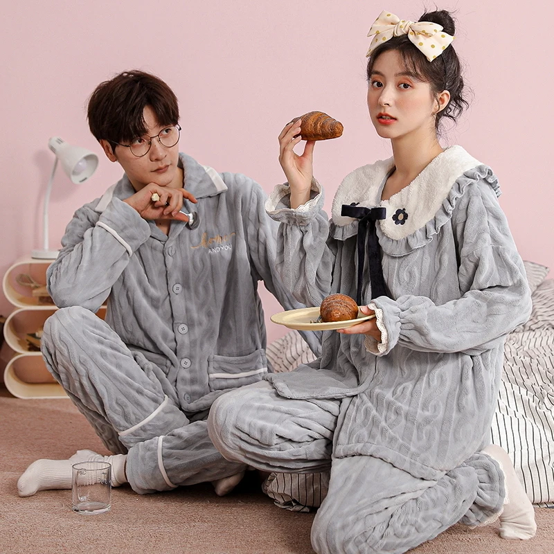 Flannel Couples Pajamas Set Winter Sleepwear Large Size Mens Turn-down Collar Nightwear Light Blue Cute Bow Women Floral Pyjamas
Flannel Couples Pajamas Set Winter Sleepwear Large Size Mens Turn-down Collar Nightwear Light Blue Cute Bow Women Floral Pyjamas