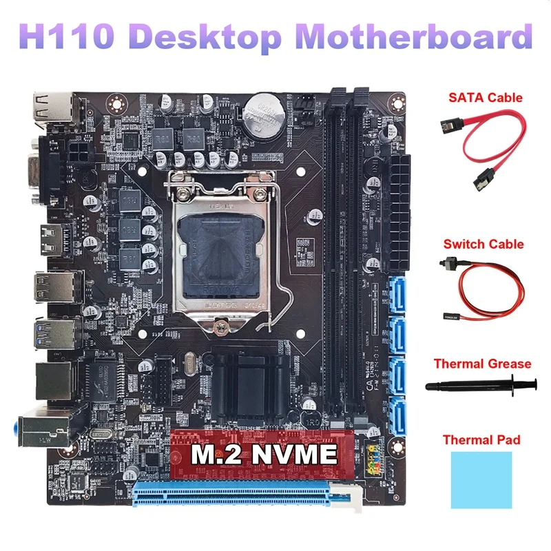 H110 Desktop Motherboard+SATA Cable+Switch Cable+Thermal Grease+Thermal Pad DDR4 LGA1151 For 6/7/8Th CPU
H110 Desktop Motherboard+SATA Cable+Switch Cable+Thermal Grease+Thermal Pad DDR4 LGA1151 For 6/7/8Th CPU