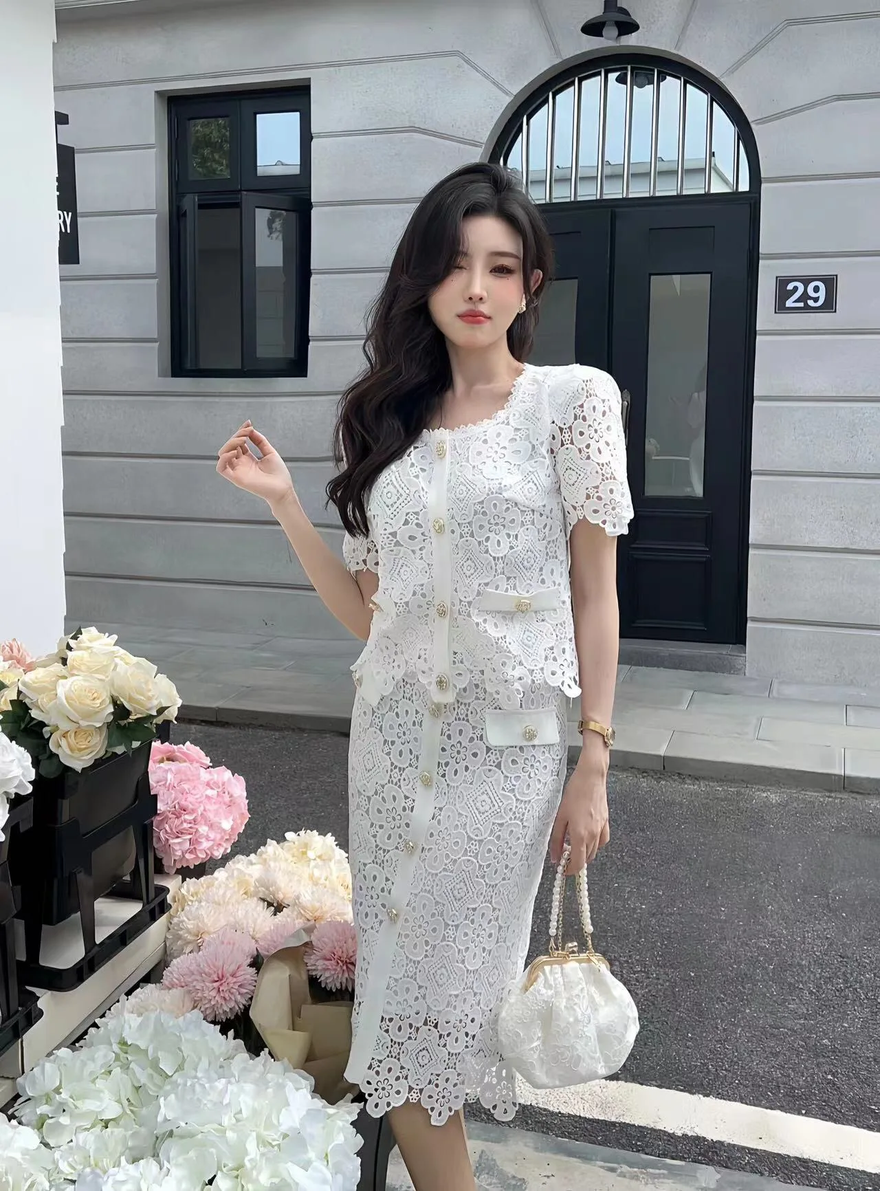 2023 Spring/Summer Fashion New Women's Clothing Hollow Water Soluble Flower Top High Waist Skirt 0704
2023 Spring/Summer Fashion New Women's Clothing Hollow Water Soluble Flower Top High Waist Skirt 0704
