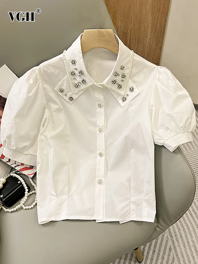 VGH Sweet Patchwork Diamonds Shirts For Women Lapel Short Puff Sleeve Button Through Casual Solid Blouses Female Fashion Clothes
VGH Sweet Patchwork Diamonds Shirts For Women Lapel Short Puff Sleeve Button Through Casual Solid Blouses Female Fashion Clothes