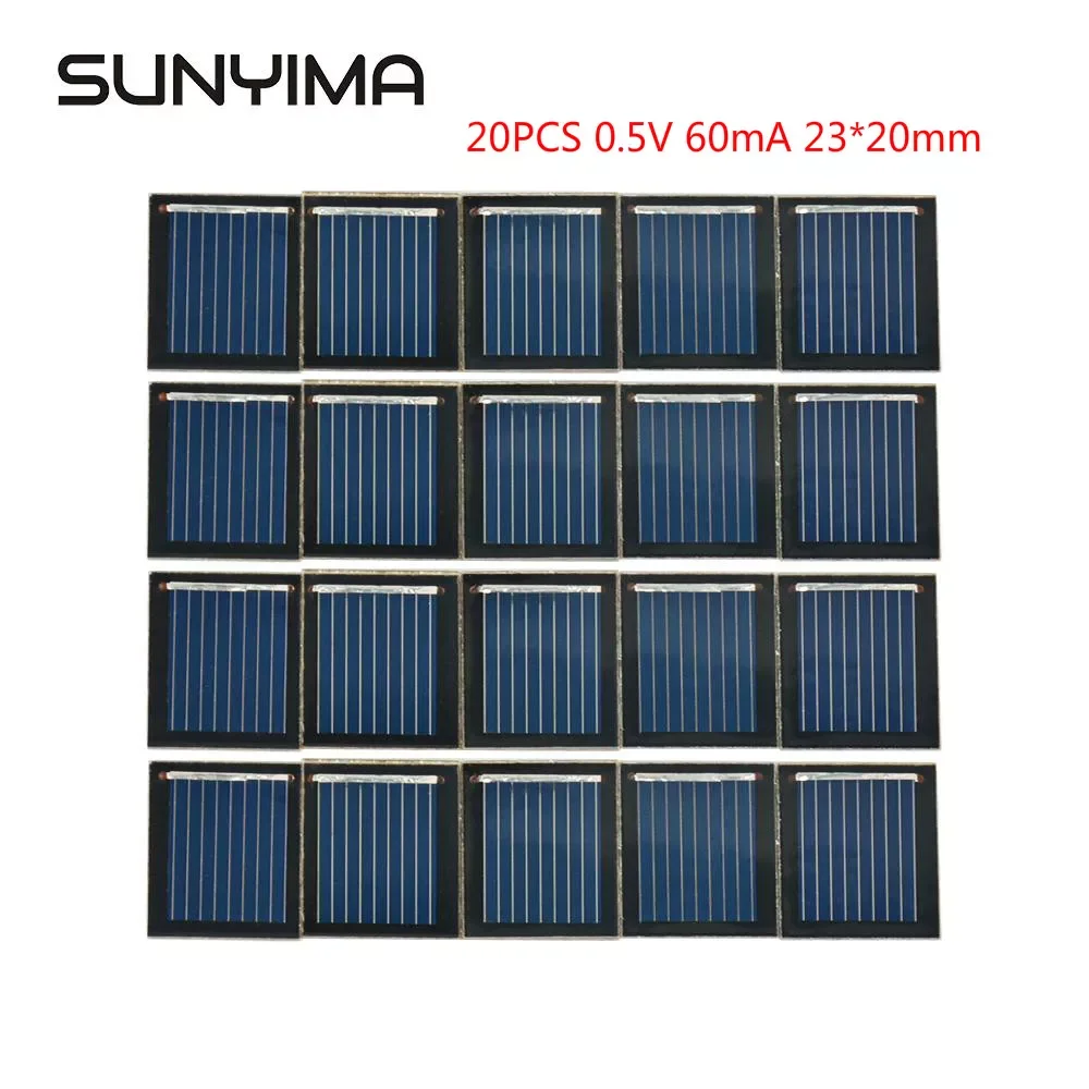 NEW SUNYIMA 20PCS 0.5V 60mA Polycrystalline Silicon Solar Panel DIY Battery Power Charge Module 23*20mm Mini Solar Cells for Toy
NEW SUNYIMA 20PCS 0.5V 60mA Polycrystalline Silicon Solar Panel DIY Battery Power Charge Module 23*20mm Mini Solar Cells for Toy