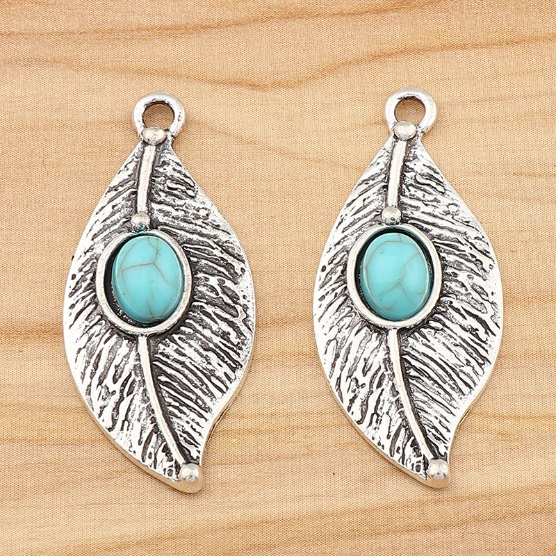 

8Pcs Tibetan Silver Imitation Turquoise Leaf Charms Pendants For DY Necklace Bracelet Jewelry Making Findings Accessories