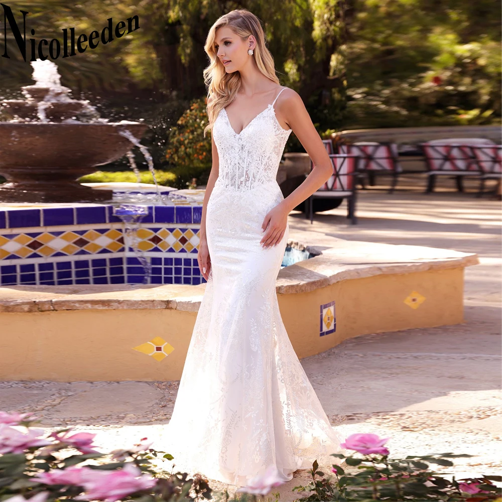 Nicolle Fairytale Trumpet Wedding Dresses For Bride V-Neck Spaghetti Straps Tulle Appliques Backless Court Train Sleeveless
Nicolle Fairytale Trumpet Wedding Dresses For Bride V-Neck Spaghetti Straps Tulle Appliques Backless Court Train Sleeveless