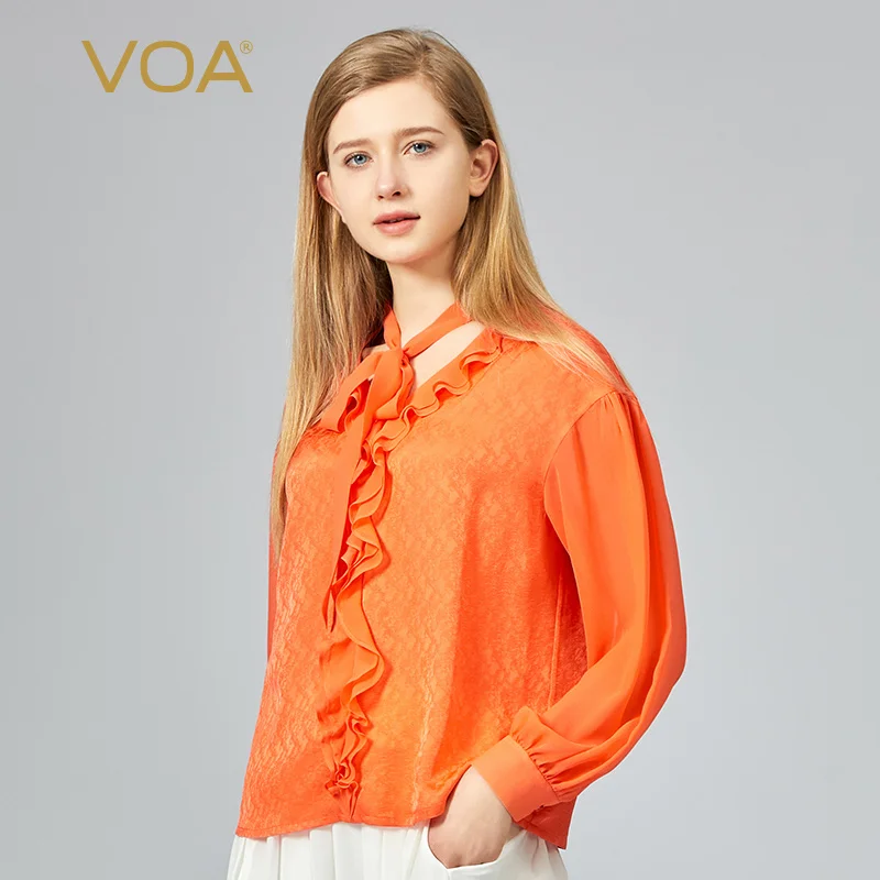 VOA Jacquard Silk V-neck Tie Long-sleeved Spliced Ruffled Solid Color Tops Western Style Unique Smooth Silk T-shirt Women BE1016
VOA Jacquard Silk V-neck Tie Long-sleeved Spliced Ruffled Solid Color Tops Western Style Unique Smooth Silk T-shirt Women BE1016