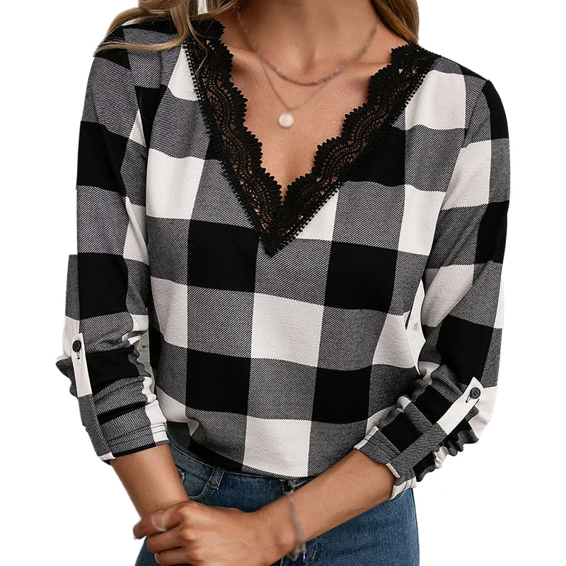 Spring Loose Fit Lace Patchwork Blouse Top Long Sleeve Plaid Shirts for Women Pullovers Casual T Shirts HJYUG1
Spring Loose Fit Lace Patchwork Blouse Top Long Sleeve Plaid Shirts for Women Pullovers Casual T Shirts HJYUG1