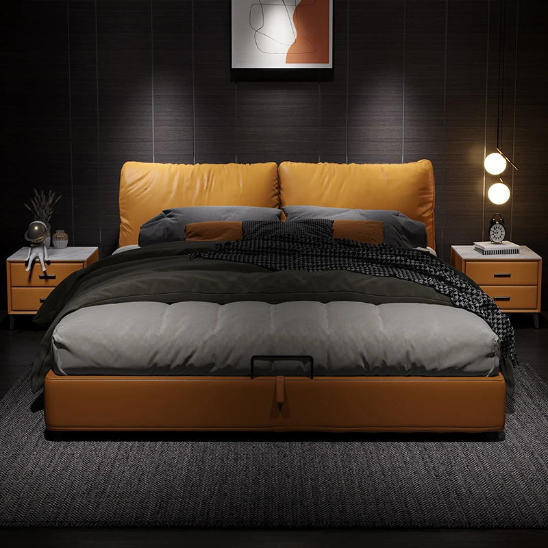 

Современная простая и роскошная кожаная кровать 1,5 м, двойная кровать 2,2 м, Основная спальня, свадебная кровать, итальянская Минималистичная маленькая семейная домашняя кровать