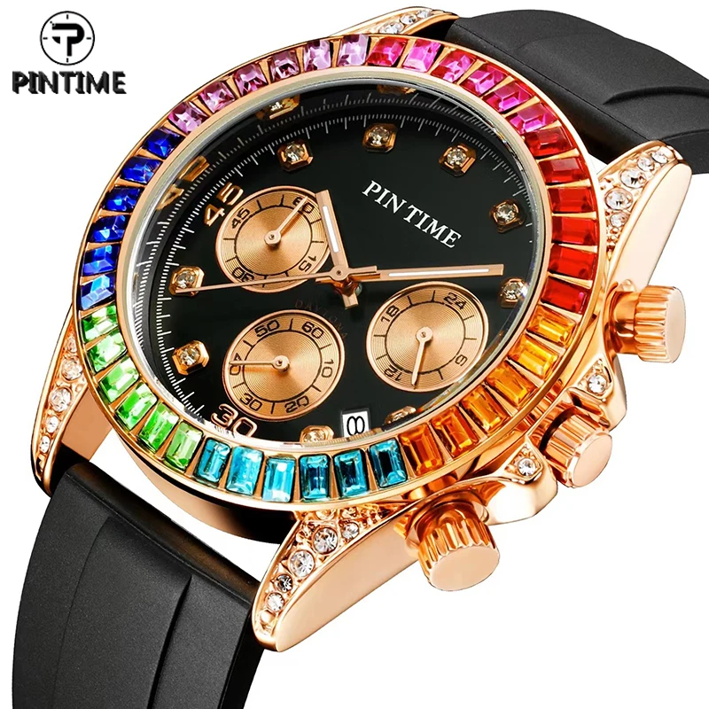 PINTIME Luxury Men Quartz Watch Full Diamond Side Case Hip Hop Colorful Chronograph Silicone Watches Man Clock Male Wristwatch
PINTIME Luxury Men Quartz Watch Full Diamond Side Case Hip Hop Colorful Chronograph Silicone Watches Man Clock Male Wristwatch