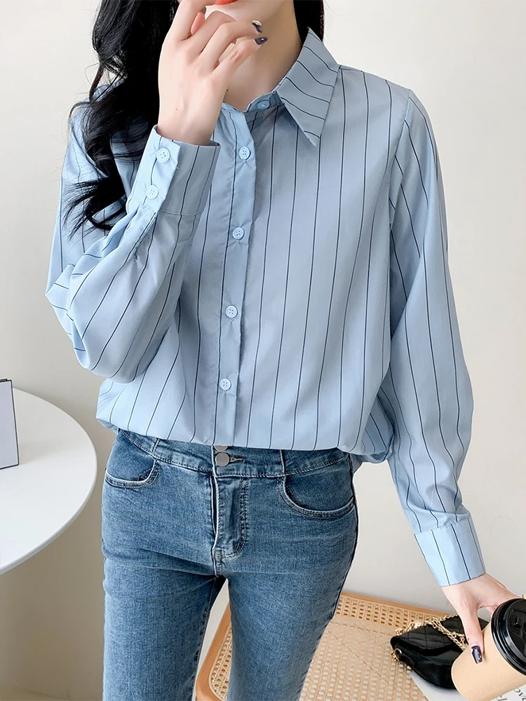 Korean Fashion Striped Shirt for Women's 2023 Simple Blue Polo Collar Casual Loose Slim Shirts and Blouses Ladies Office Shirt
Korean Fashion Striped Shirt for Women's 2023 Simple Blue Polo Collar Casual Loose Slim Shirts and Blouses Ladies Office Shirt