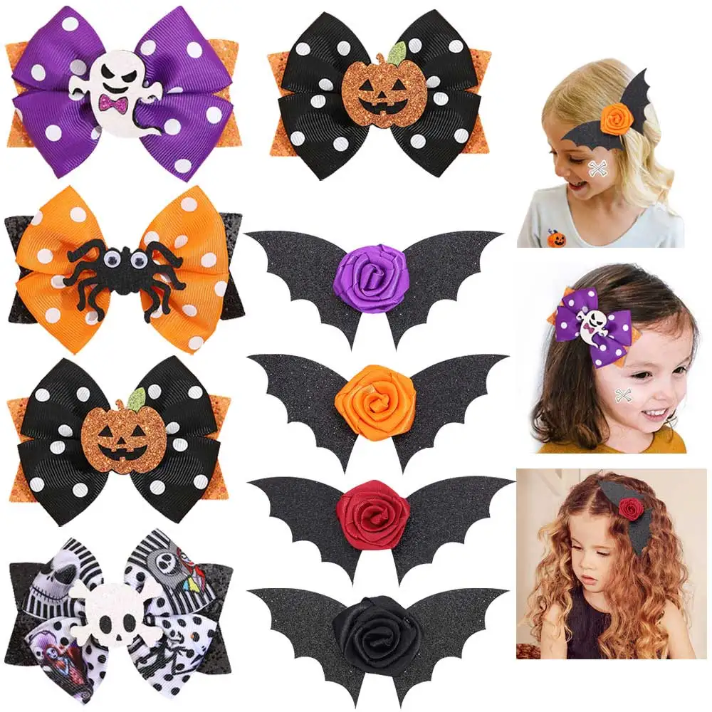 

New Halloween Bat Hair Clips Glitter Pumpkin Ghost Hairpins Ribbon Bows Barrettes Hair Accessories For Girls Hair Styling Tools