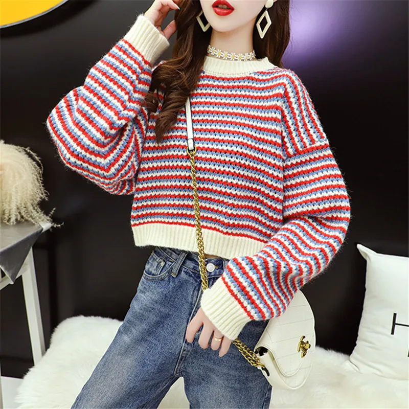 Fashion Stripe O Neck Long Sleeve Knitted Sweater Women Slim Short Pullover Jumper Ladies Korean Fashion Knitwear Tops Female
Fashion Stripe O Neck Long Sleeve Knitted Sweater Women Slim Short Pullover Jumper Ladies Korean Fashion Knitwear Tops Female