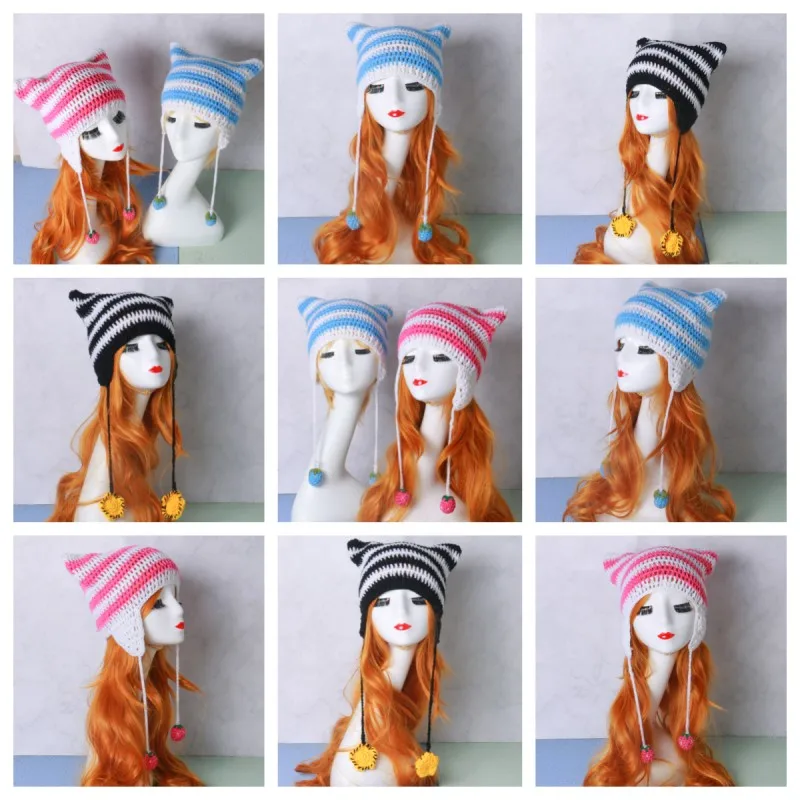 New Cat Ear Hairball Beanies Hat Japanese Punk Gothic Little Devil Horns Striped Knitted Ski Wool Cap Warm Girls Women's Hats 
New Cat Ear Hairball Beanies Hat Japanese Punk Gothic Little Devil Horns Striped Knitted Ski Wool Cap Warm Girls Women's Hats