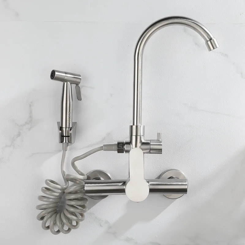 Wall Mount Kitchen Faucet Stainless Steel Swivel Spout Dual Hole Sink Tap with Bidet Sprayer Shower Head Cold Hot Water Mixer
Wall Mount Kitchen Faucet Stainless Steel Swivel Spout Dual Hole Sink Tap with Bidet Sprayer Shower Head Cold Hot Water Mixer