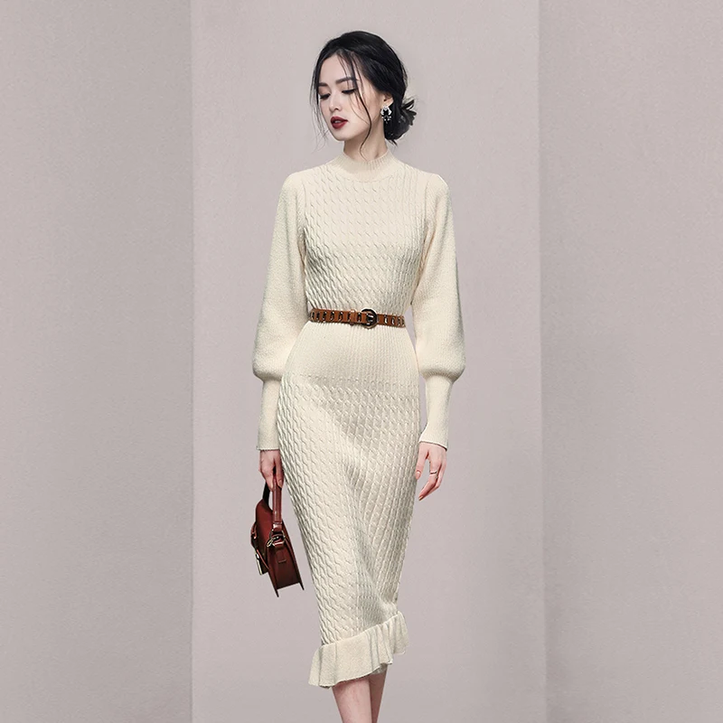 Women's Autumn New High-end Temperament Half Height Round Neck Bubble Sleeve Belt Slim Flounced Knitted Sweater Fashion Dress
Women's Autumn New High-end Temperament Half Height Round Neck Bubble Sleeve Belt Slim Flounced Knitted Sweater Fashion Dress