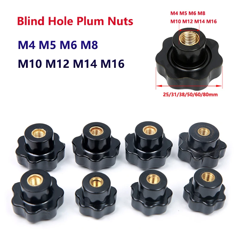 

1pc M4 M5 M6 M8 M10 M12 M14 M16 Plum Bakelite Hand Tighten Nuts Handle Blind Hole Black Thumb Nut Clamping Knob Manual Nut